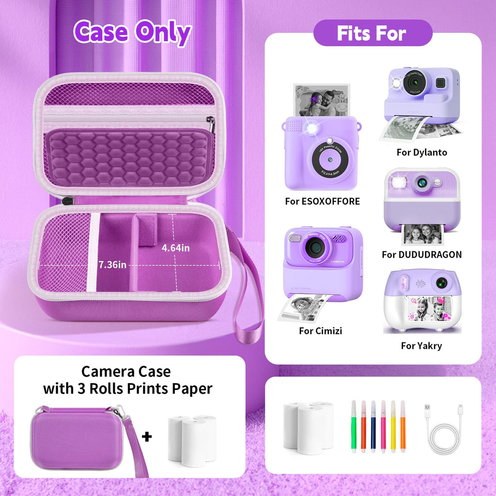 casmilee Universal Kids Instant Print Digital Camera Case for ESOXOFFORE/for goopow/for Dylanto/for Seckton/for YEEHAO/for HOOMOON, Cameras Holder with 3 Rolls of Printing Paper- Purple (Box Only)