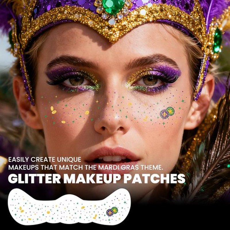 EMOME Mardi Gras Decorations, Mardi Gras Freckles Face Tattoos with Body Glitter Temporary Tattoo Stickers, Mardi Gras Costume Outfit Makeup Accessories Carnival for Women, Girls, Party Favors