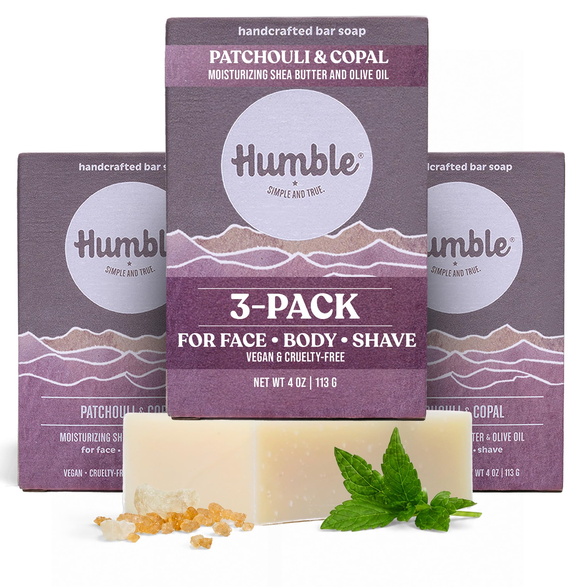 Humble Natural Bar Soap, Patchouli & Copal - Cold Processed Face & Body Soap Bar with Essential Oils - Moisturizing Formula for Long-Lasting Freshness, Gently Cleanses & Soothes Skin, Vegan - 3 Pack