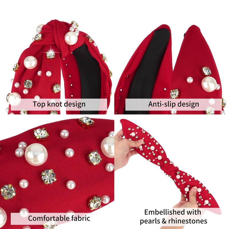 Uintoon Red Headband for Women Pearl Knotted Headband Sparkly Rhinestone Pearls Top Knotted Headbands Womens Fashion Hair Accessories Cute Hair Bands