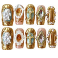 Handmade Press On Nails Luxury Baroque Gold Cross, Cherubs & Pearl Frames | Medium/Short Square | Reusable Thick Acrylic False Nails (Baroque, S)