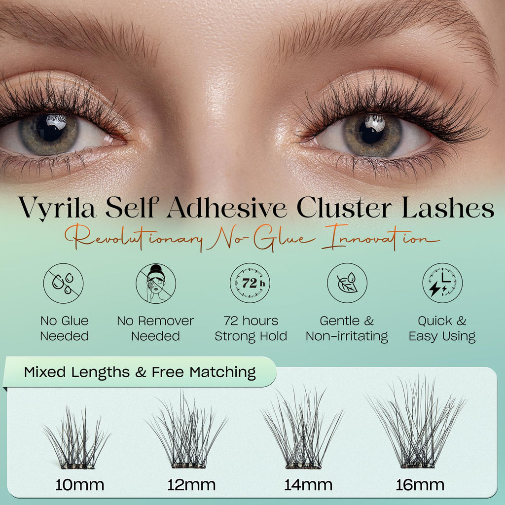 VYRILA Self-Adhesive Lash Cluster, 120pcs Pre-Glued Clusters, Pop-On Faux Eyelashes, 3D Band D Curl Natural Look Lahses, Easy to Apply, Reusable 0.05mm Eyelash Extensions (Green Hush-D-0.05-10-16mix)