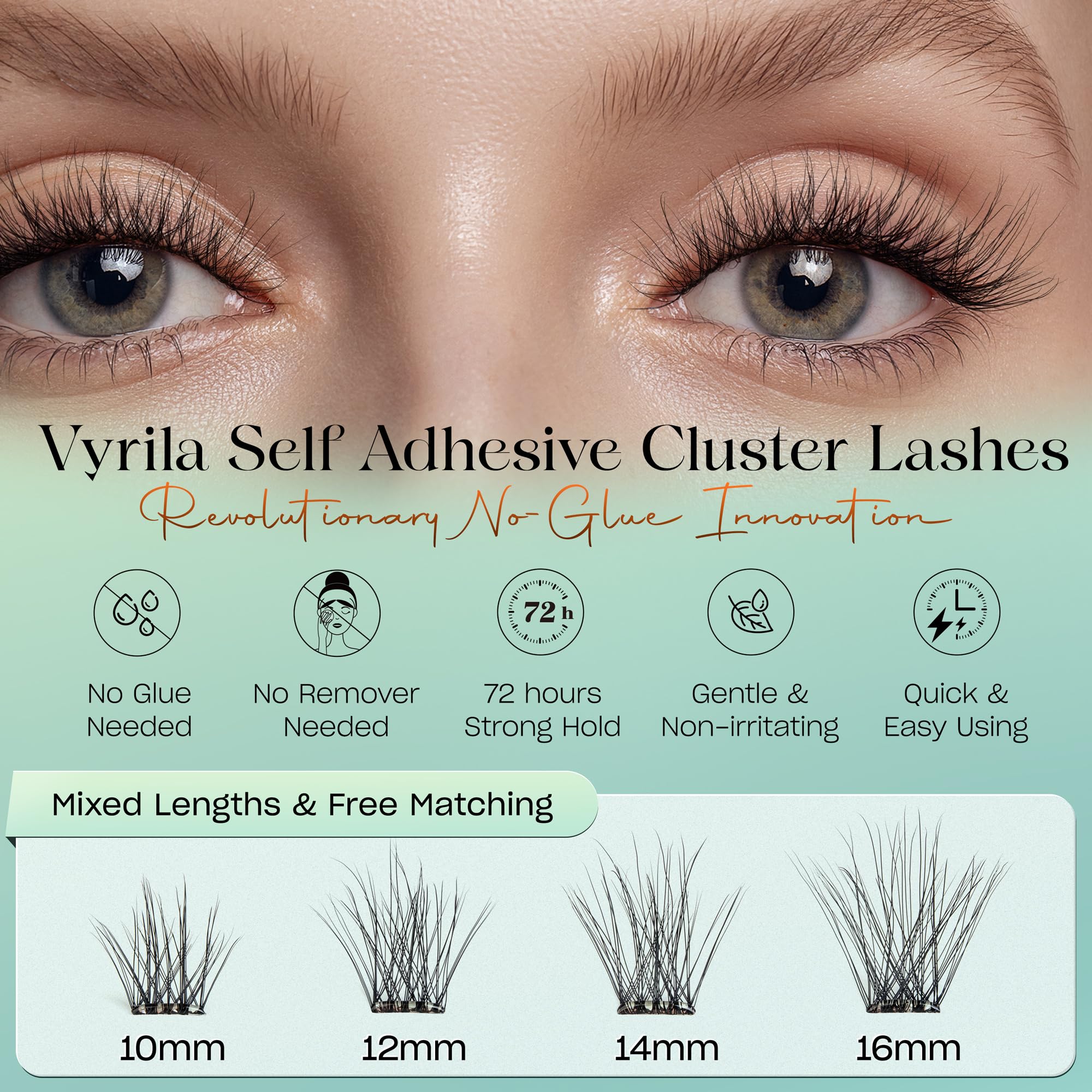VYRILA Self-Adhesive Lash Cluster, 120pcs Pre-Glued Clusters, Pop-On Faux Eyelashes, 3D Band D Curl Natural Look Lahses, Easy to Apply, Reusable 0.05mm Eyelash Extensions (Green Hush-D-0.05-10-16mix)
