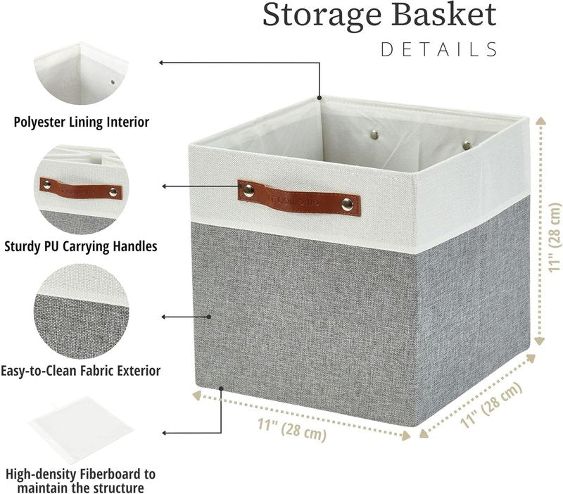 DECOMOMO Fabric Cube Storage Bins - Stylish Organizer Baskets for Kallax & Cubbies | Grey & White, 11-Inch Cube - 4 Pack
