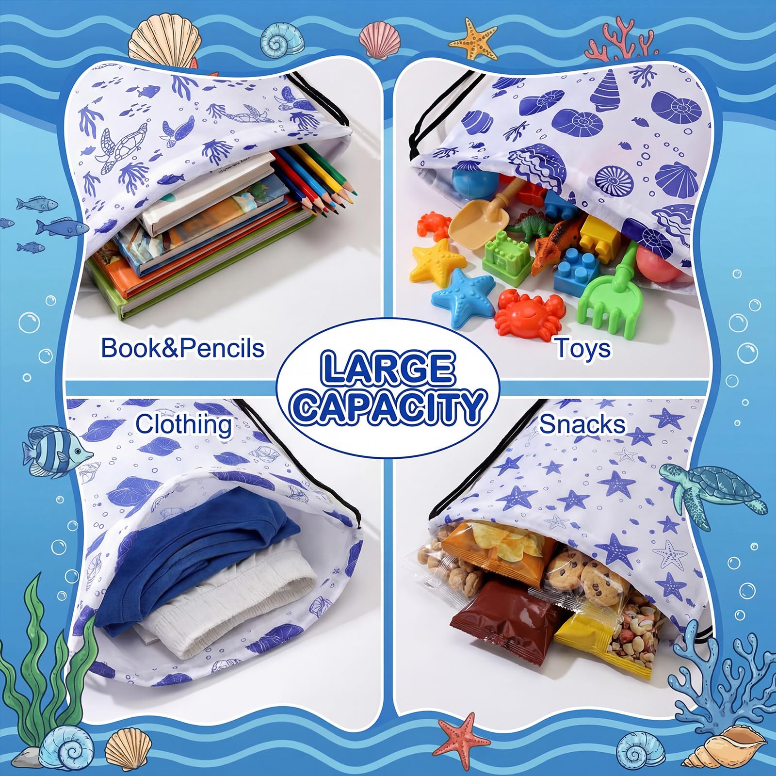 Aliceset 20 Pack Ocean Gift Drawstring Bags Bulk, 12x10 Inch Under The Sea Goodie Gift Backpack, Reusable Summer Beach Sacks for Nautical Birthday Travel Party Favors Supplies