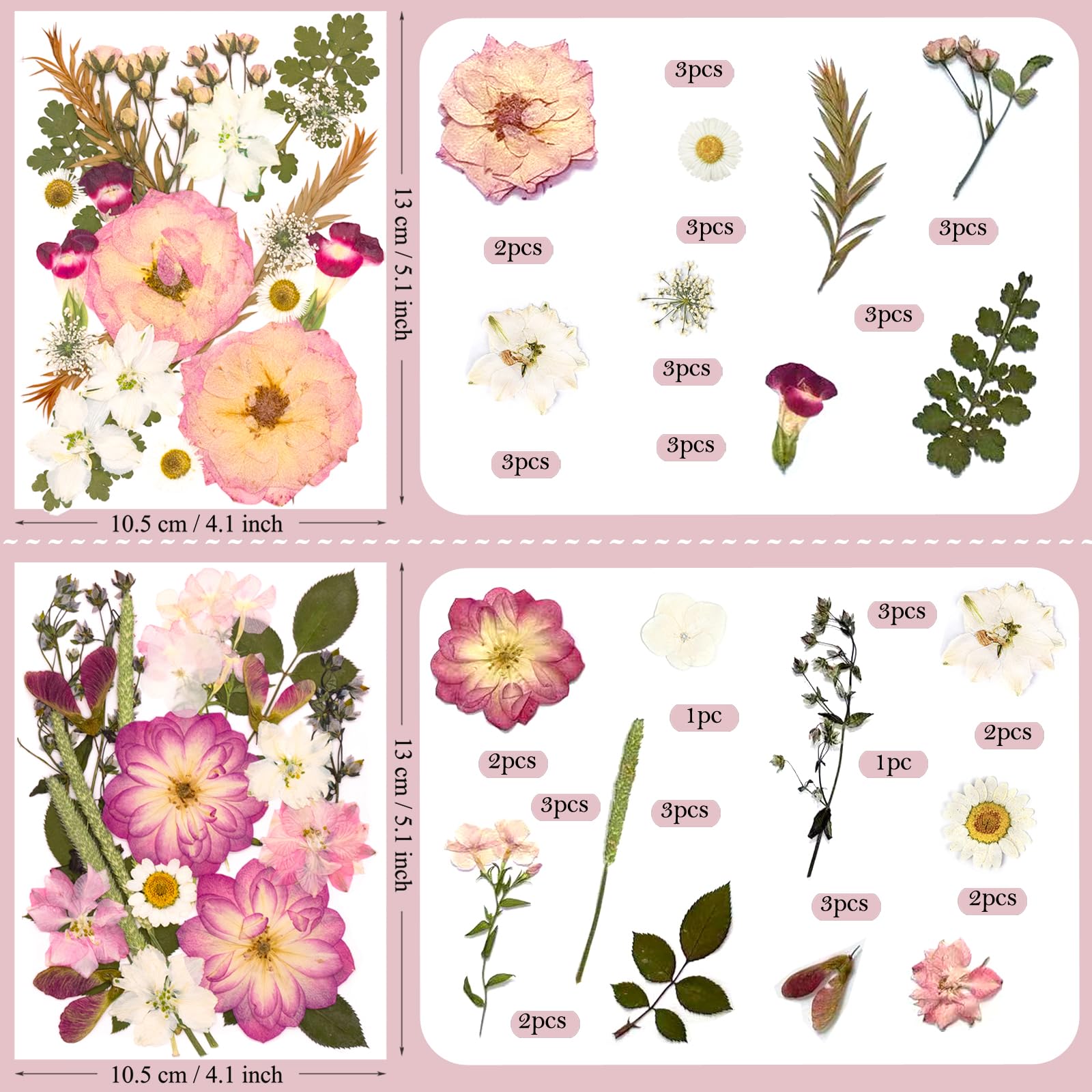 SUAUKEY 92 Pcs Pink Pressed Dried Flowers for Resin, Real Natural Bulk Dry Wildflowers Leaves Perfect for Epoxy Molds, DIY Crafts, Soap Candles Jewelry Making, and Home Decor