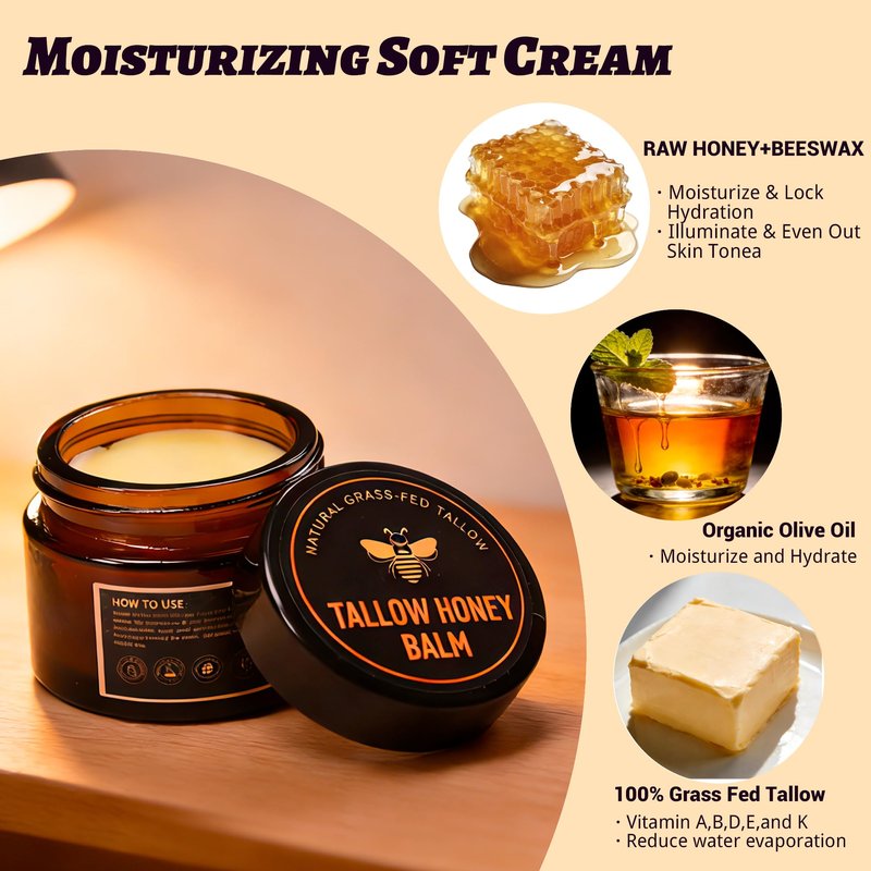 Yotdar 2 Pack Beef Tallow for Skin, Grass-Fed Beef Tallow and Honey Balm, Body & Face Moisturizer, Natural Hydrating Cream for Body (2 Oz)