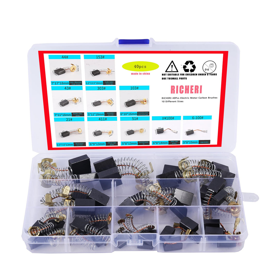 RICHERI 40Pcs Electric Motor Carbon Brushes 10 Different Sizes for Replacement Repair Power Tool Part