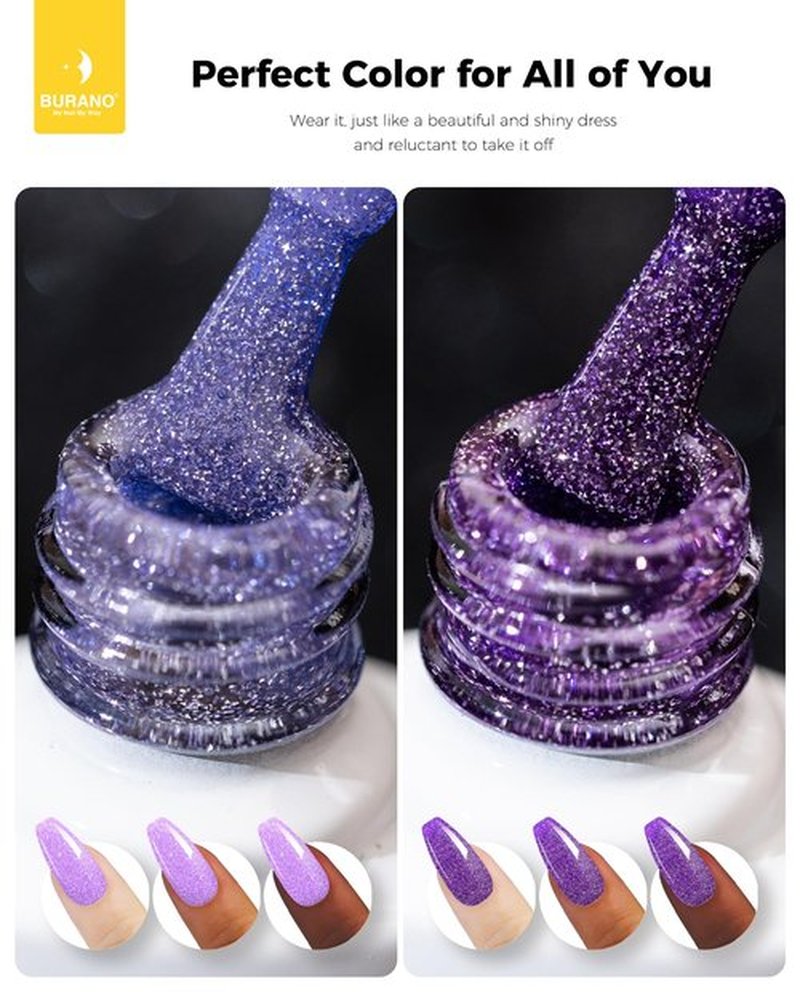 BURANO Reflective Glitter Gel Nail Polish, 2 Bottles UV Sparkle Nail Polish Purple Gel, 7.3ml Holographic Glitter Polish Curing Need for Nail Salon Home DIY S9 S14