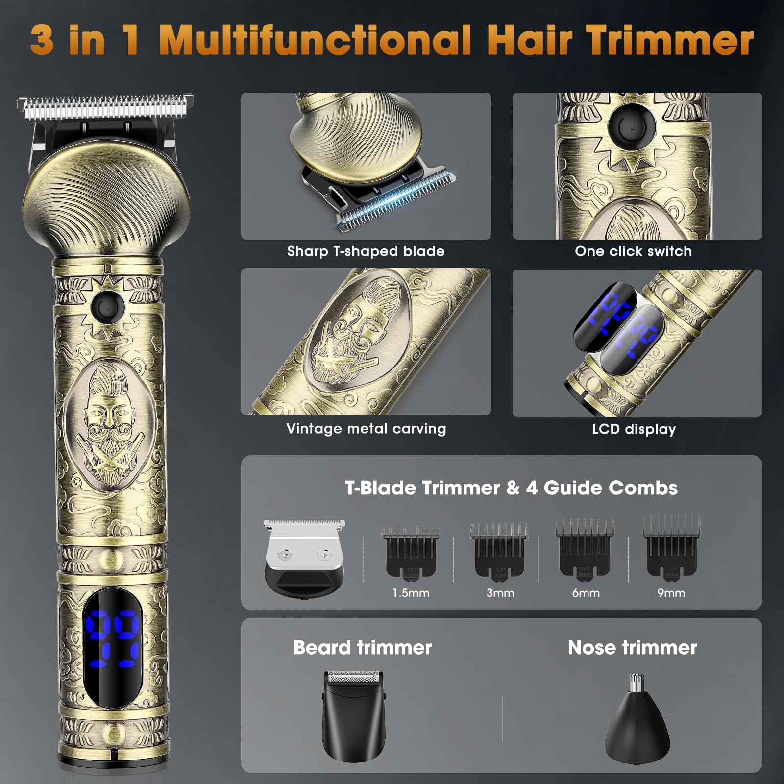 Dumite Professional Hair Clippers for Men,3 in 1 T-Blade Trimmer,Nose Hair Electric Shavers,Cordless Barber Clippers, Bald Hairdressing and Razor Shavers Set Hair Cutting Kit Gift for Men