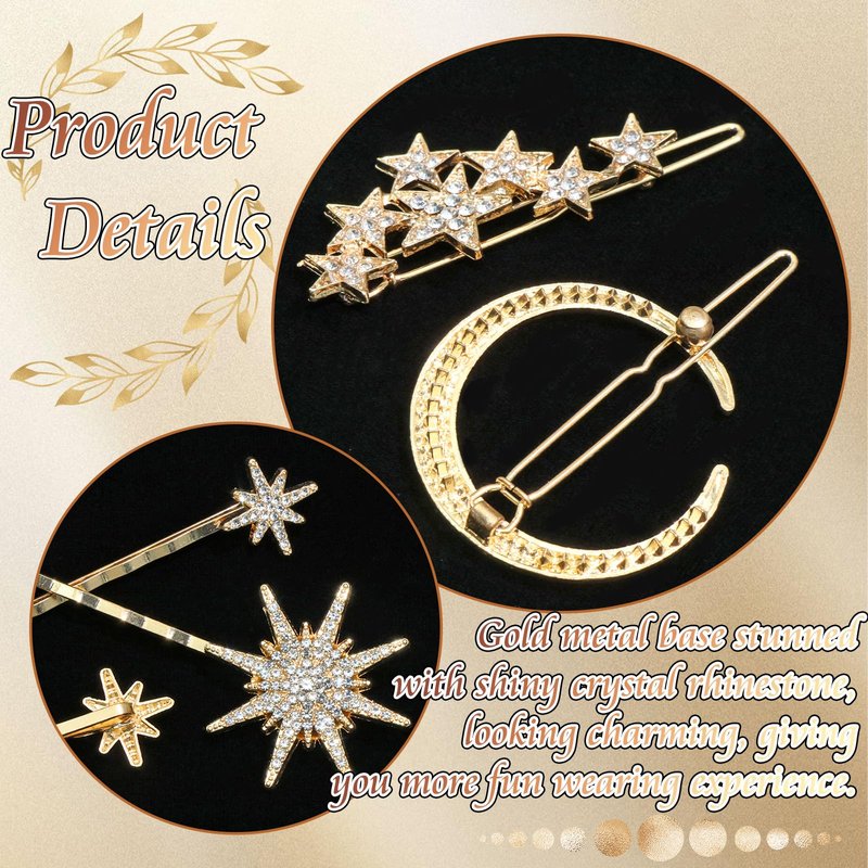 VENOFEN Rhinestone Moon Hair Clips Gold Star Hair Pins Sparkly Crystal Decorative Bobby Pins for Women Vintage Bridal Side Clips Wedding Prom Party Celestial Hair Accessories
