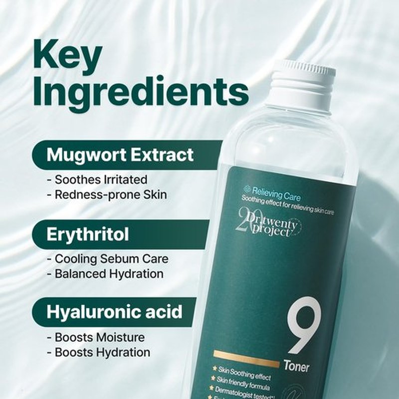 Dr.twentyproject 9 Toner - Soothing, Moisturizing, Sebum Control with Mugwort Extract for Sensitive, Dry, Oily Skin – Reduces Redness, Whiteheads, Blackheads - Korean Skin Care (300ml / 10.14 fl.oz)