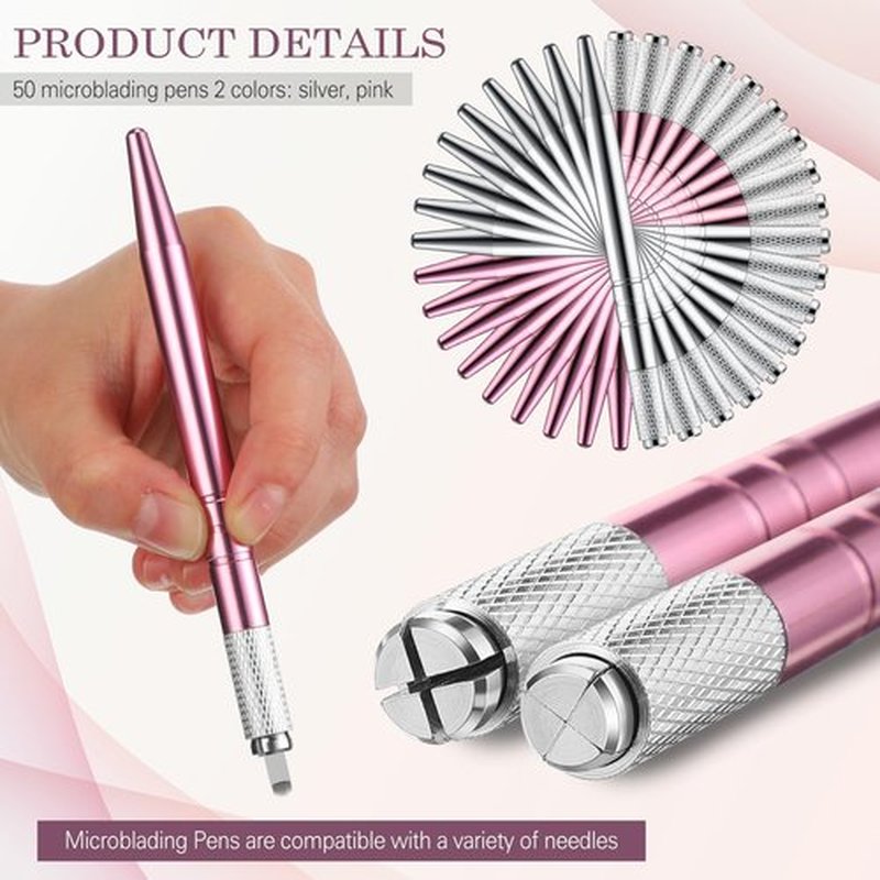 Gisafai 50 Pcs Microblading Pen Manual Eyebrow Pens Supplies Aluminum Pen Tool Holder Hand Tools for Makeup Supplies Salons(Silver, Pink)