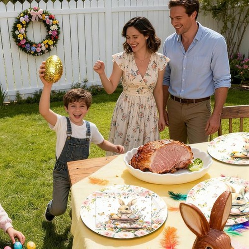 Skiennix Easter Party Plates Set - 40 Pcs 9-Inch Paper Plates & Napkins, Bunny Eggs Design for Spring Celebrations