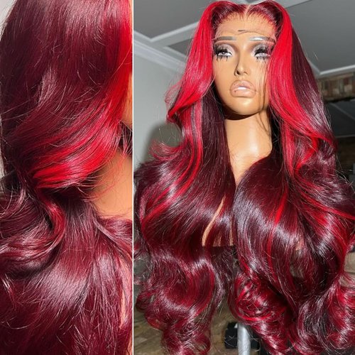 GUIGUZIN 13x6 99J Burgundy Red Lace Front Wigs Human Hair Burgundy Red Highlight Wig Human Hair Pre Plucked 200% Density Body Wave 99J Human Hair Wig Glueless Colored Wigs for Women 22 Inch