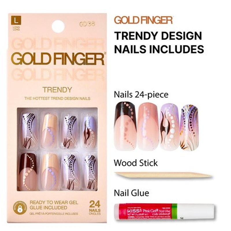 Goldfinger Trendy False Nails Kit, Long Squoval Design Nail, Playful Simple Artistic Sheer Nude Print, Ready to Wear Gel & Manicure Stick Included, Long-Lasting Convenient & Easy to Apply