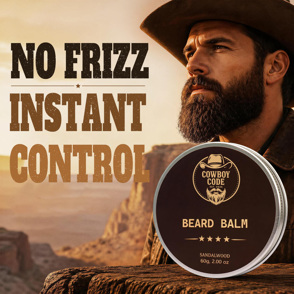 Cowboy Code Beard Balm for Men - Sandalwood Beard Balm - Medium Hold Beard Butter Conditioner - Softens, Moisturizes & Tames Beard - Beeswax, Shea Butter, Argan & Jojoba Oil - 2 Oz Natural