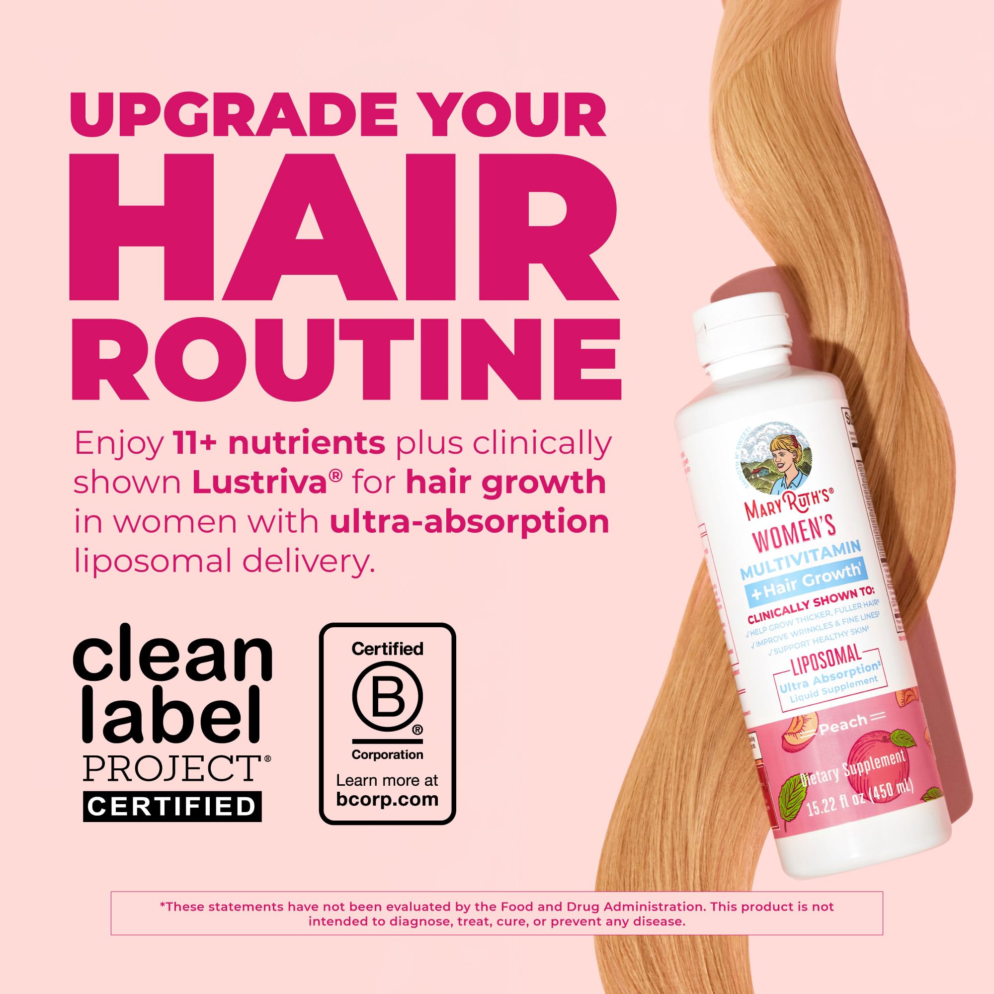 MARYRUTH'S Women's Multivitamin + Lustriva Hair Growth Liposomal | Biotin 10000mcg | Clinically Tested for Thicker, Fuller Hair, Improved Facial Fine Lines & Wrinkles | Ages 18+ | 15.22 Fl Oz