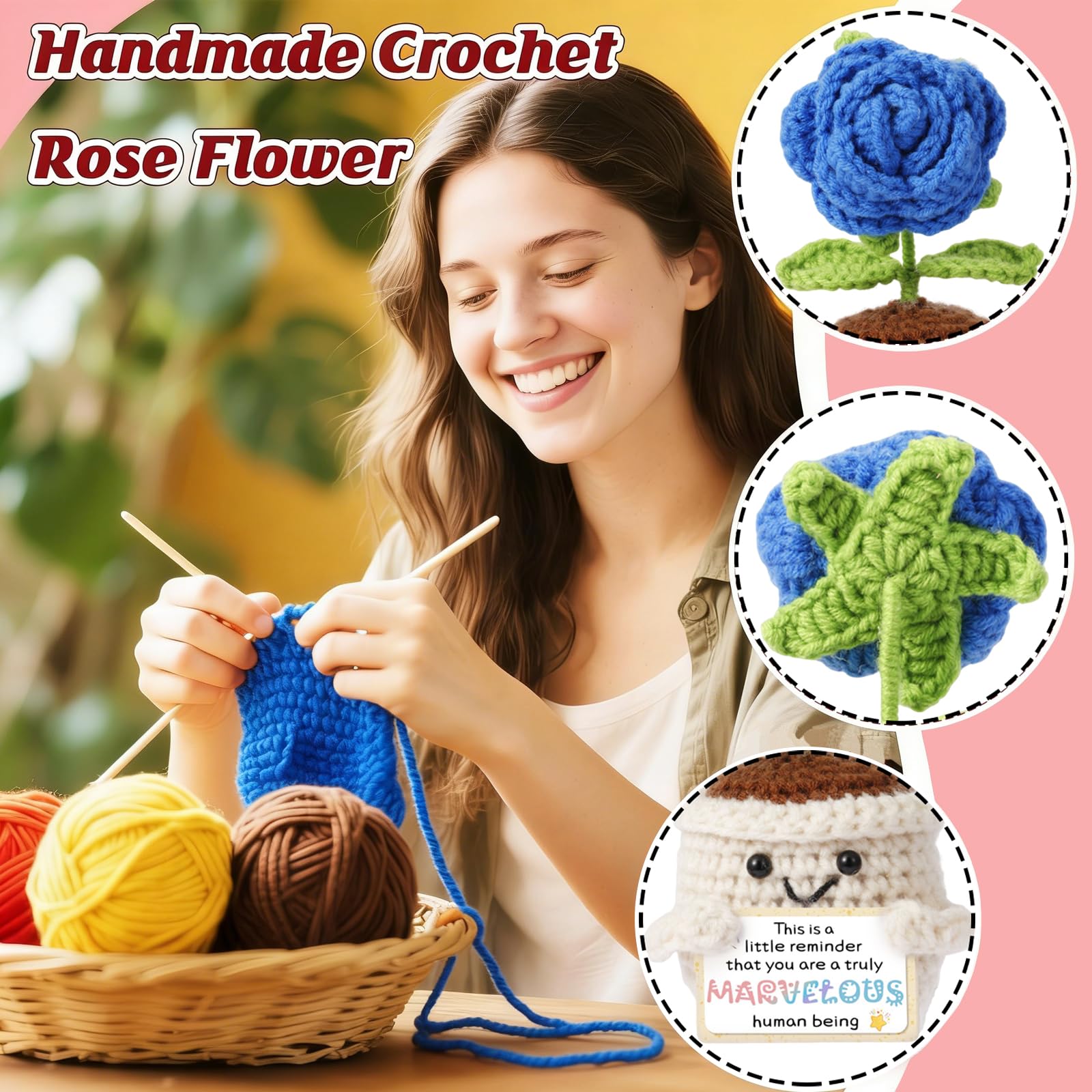QAOULS Emotional Support Crochet Positive Rose Flower Inspirational Gifts for Men, Father's Day Birthday Thank You Gifts from Son Daughter Handmade Knitted Plant w/Card for Desk Decor
