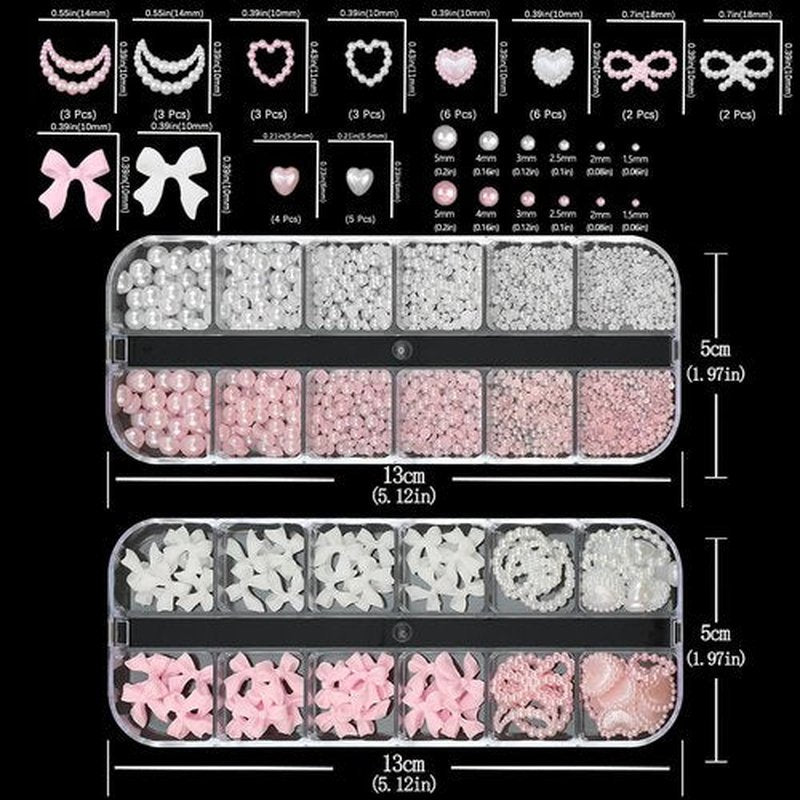 SEMATA Flatback Nail Art Pearls Charms Pink White Bow Nail Gems Mixed Size Nails Pearls Charms Moon Heart Nails Art Accessories Decoration Design for Women