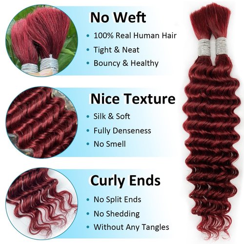 #99J Burgundy Human Braiding Hair for Boho Braids 18 18 18 Inch 150g Deep Water Bulk Human Hair Knotless Boho Braiding Deep Wave No Weft Extensions Bohemian Braids 3 Bundles/Pack Caramel