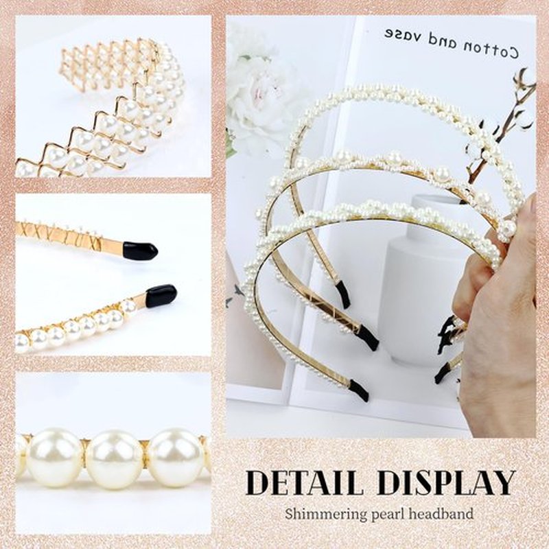Cinaci 8 Pieces Decorative Gold Wedding Birthday Party Prom Artificial Pearl Headbands Bling Beaded Hair Tiaras Hoops Headpieces Accessories for Women Girls Teens Kids