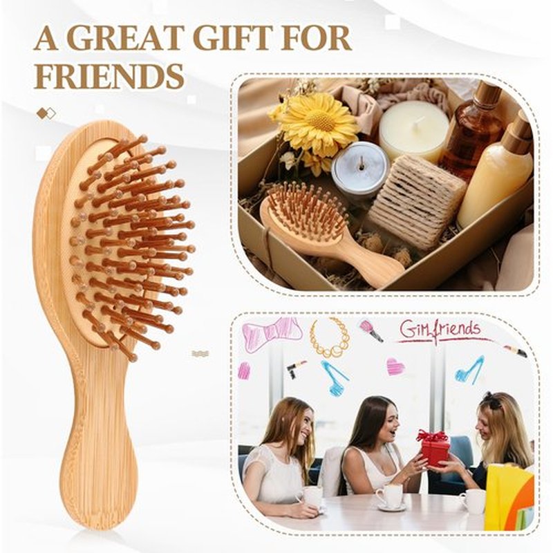 FoldTier 6 Pack Mini Bamboo Hair Brush Bulk Pocket Travel Small Hairbrush Massage Scalp Detangling Brush for Valentine Gifts Bulk Bridesmaid Party Favors (Oval)