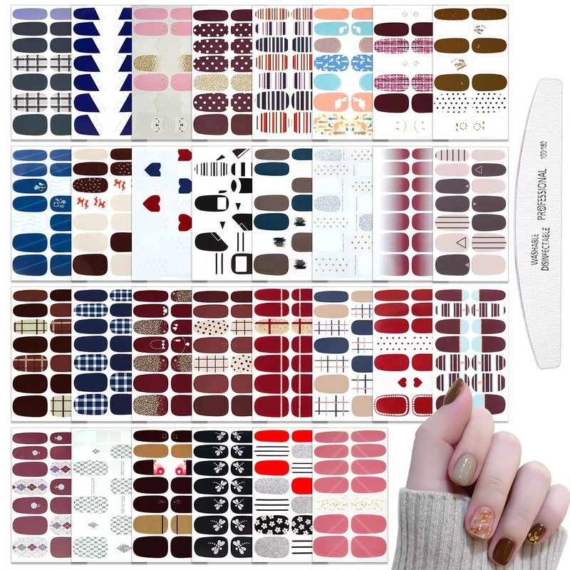 WOKOTO 30 Sheets Full Nail Stickers Mix Design Nail Polish Strips Glitter Nail Art Stickers For Women Nails With Nail File Self Adhesive Gel Nail Strips Nail Design Stickers Nail Color Strips Wraps