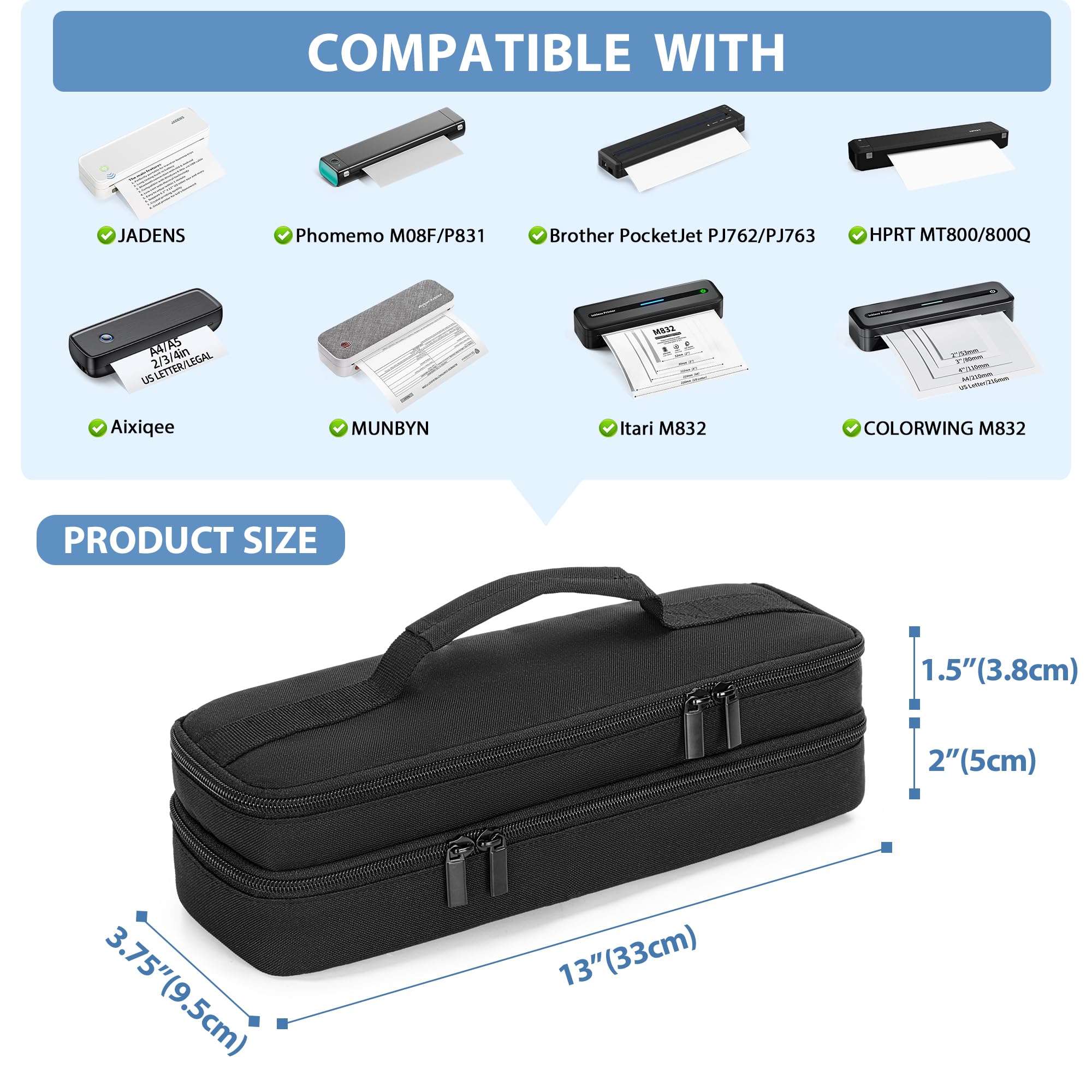 Yarwo Portable Printer Case Compatible with Phomemo M08F, Itari M832, JADENS, Aixiqee, MUNBYN and Most Wireless Thermal Printer, Double-Layers Mobile Printer Storage Bag for Papers & USB Cable, Black
