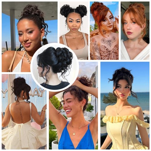 NEOWIG 2PCS Messy Bun Hair Piece Hair Bun Wavy Curly Synthetic Updo Fake Scrunchies Ponytail Extension for Women Black Brown