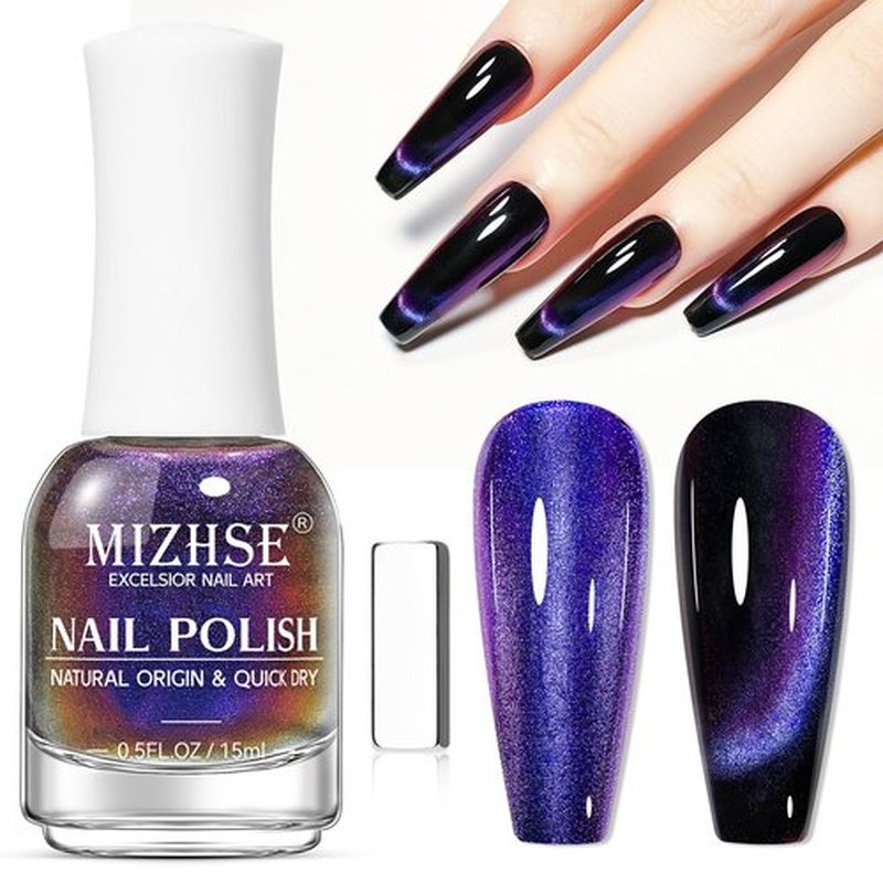 MIZHSE Quick Dry 9D Cat Eye Nail Polish Non Gel, Blue-Violet Magnetic Nail Polish with Magnet, Air Drying Fast Cateye Nail Lacquer Galaxy Effect Manicure Home Gift for Women 15ml