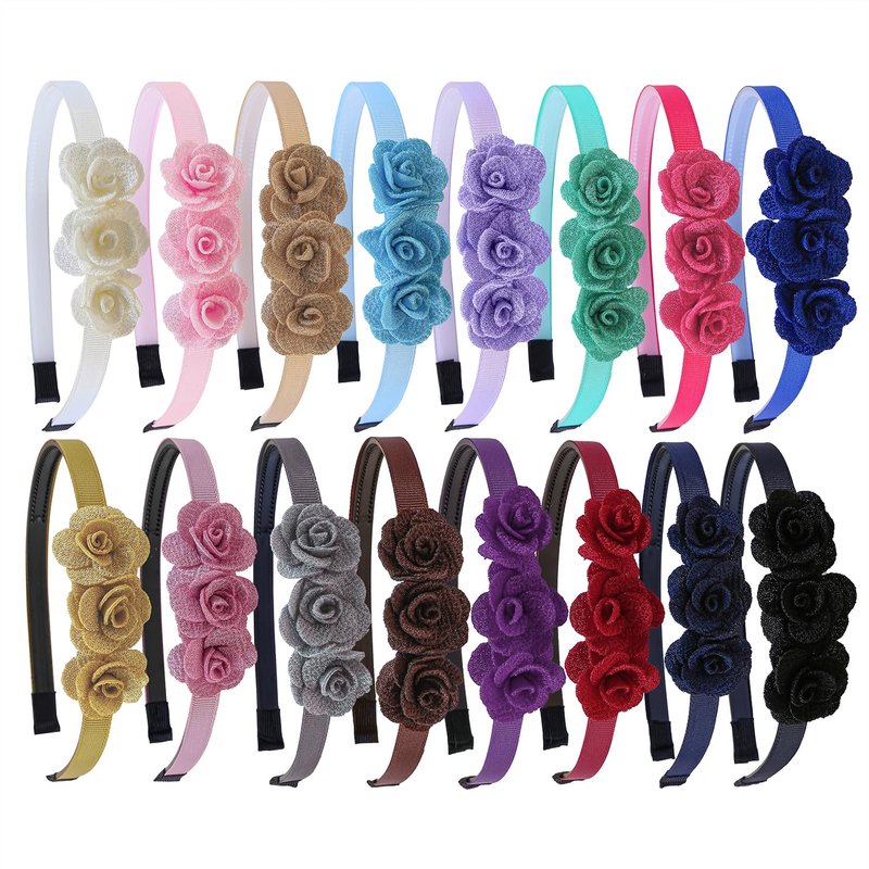 XIMA 16pcs Small Rose Flower Headbands for Girls Toddlers Kids Teens Children and Women,Girls Hair Bands Made of 3pcs Fabric Rose Flower for Hair Accessories
