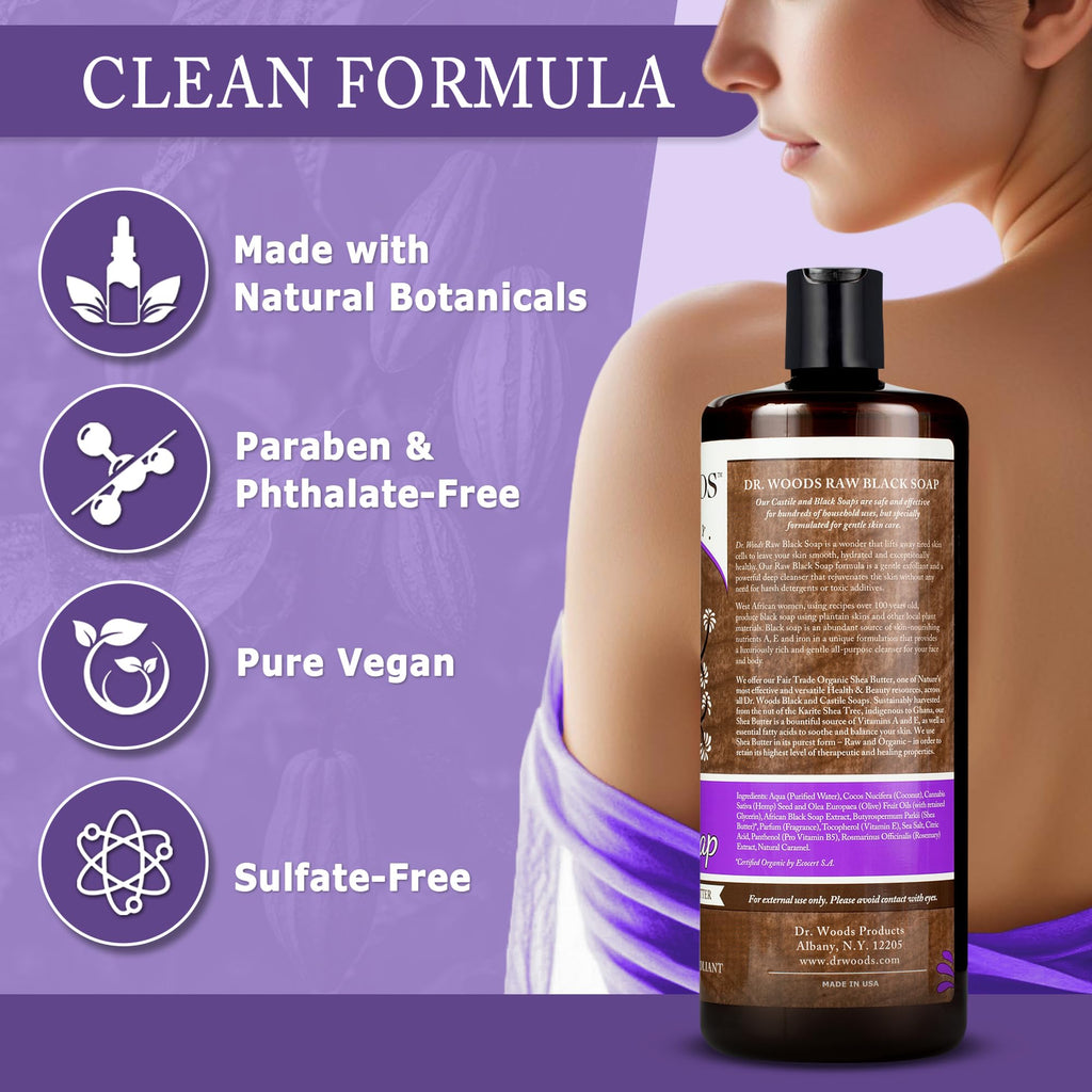 Dr. Woods Raw African Liquid Black Soap - Body Wash for Men and Women, Contains Organic Shea Butter, Gentle Exfoliant, Natural Cleanser for Face, Hands, and Body - 32 Fl Oz, Pack of 3