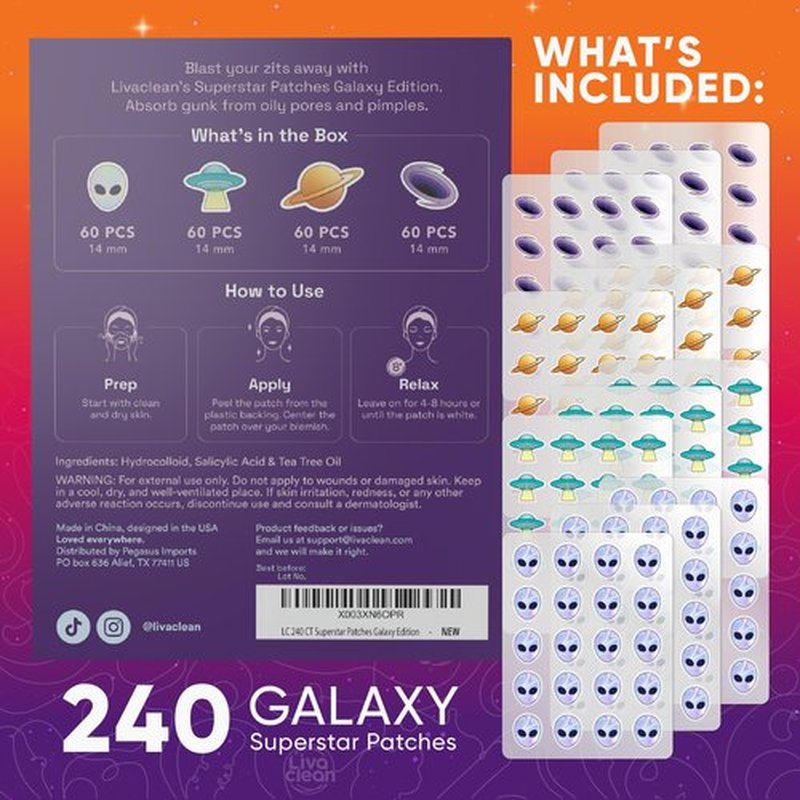 LivaClean 240 CT Superstar Pimple Patches Galaxy Edition w/Salicylic Acid & Tea Tree Oil - Pimple Patches Cute, Acne Patch for Face, Hydrocolloid Acne Patch