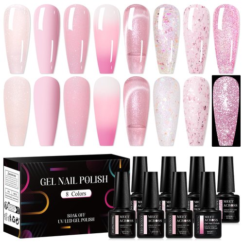 MEET ACROSS Gel Nail Polish Set, 8 Colors, UV/LED Soak Off (Pink, 8pcs)