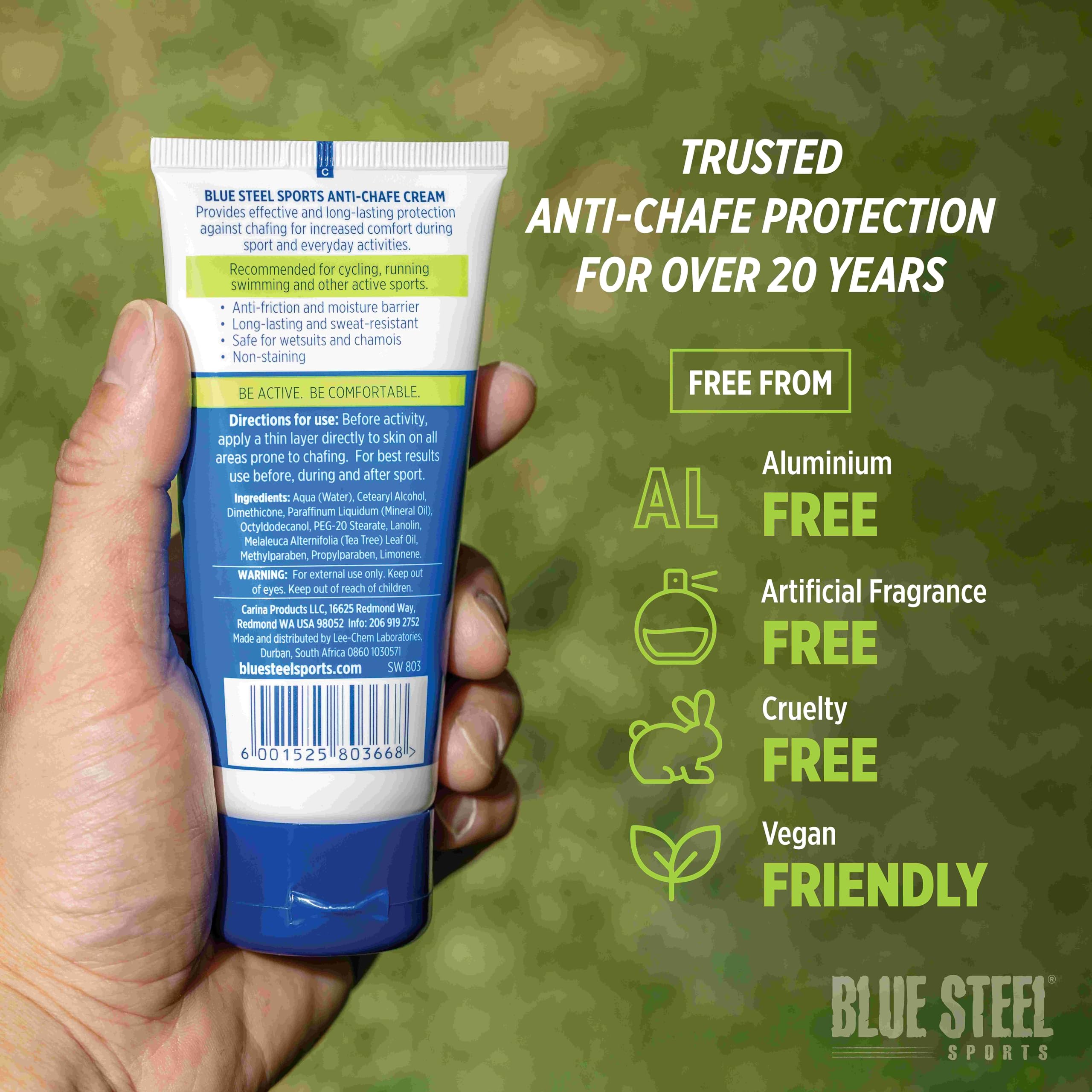 Blue Steel Sports Anti Chafe Cream 100ml – Long-Lasting Protection for Running, Cycling & Sports | Sweat & Water Resistant | Non-Greasy, Non-Staining | For Sensitive Skin, Men & Women