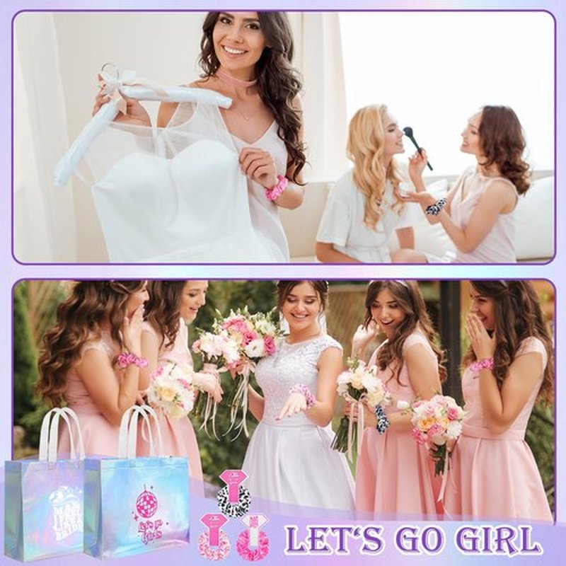 Norme 24 Pcs Let's Go Bachelorette Gift Set 12 Western Disco Bachelorette Bags 12 Hair Scrunchies Western Cow Print Ties Ropes for Bridal Disco Wedding Party Favors