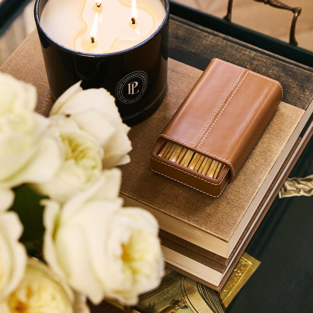 Preston Lane Mayfair Handmade Leather Matchstriker – Decorative Matchbox Holder with Built-In Striker, Stylish Coffee Table & Mantle Accent, Saddle