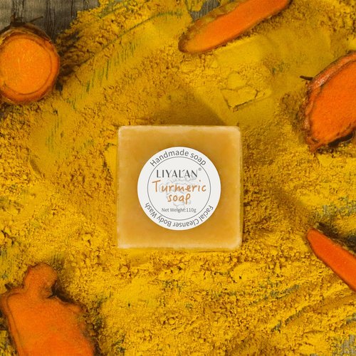 LIYALAN Turmeric Soap Bar 3.88 oz each Bar for Face and Body evens out skin tone,Smooth Skin,Cleansing Handmade Soap contains 3 bars with a fresh ginger and lemongrass scent