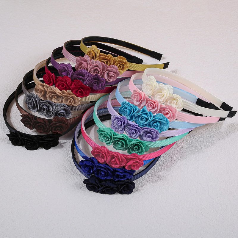 XIMA 16pcs Small Rose Flower Headbands for Girls Toddlers Kids Teens Children and Women,Girls Hair Bands Made of 3pcs Fabric Rose Flower for Hair Accessories