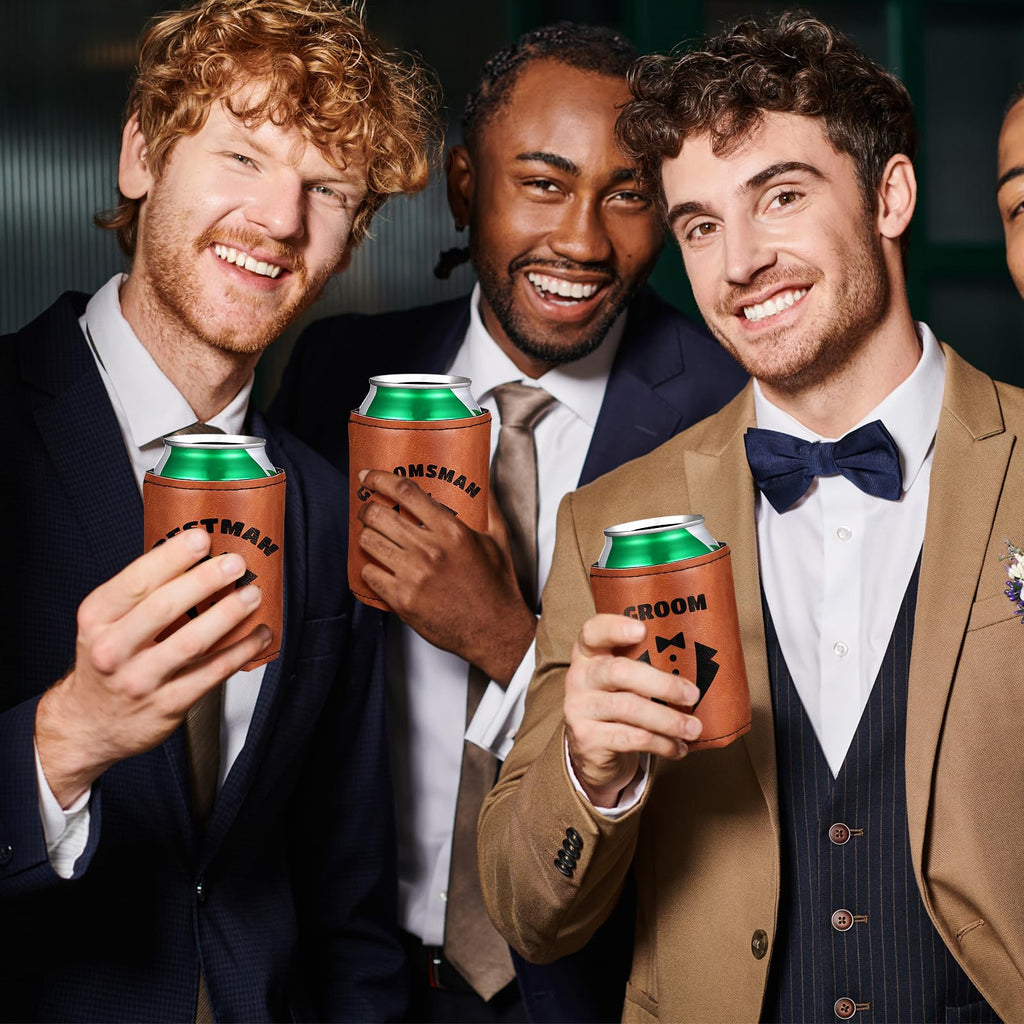 SiliFine 6 Sets Groom and Groomsmen Leather Can Cooler with 6 Bottle Opener Personalized Groomsmen Personalized Leather Beer Can Favors for Best Man Proposal Wedding Gifts