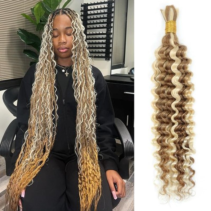 Syrenlore Ombre 27/613 Curly Braiding Hair Deep Wave Human Hair Bulk for Boho Braids, Highlighted Multi-Blonde Braiding Human Hair, No Weft Blonde Extensions 14 Inch 50G LIGHT BULK