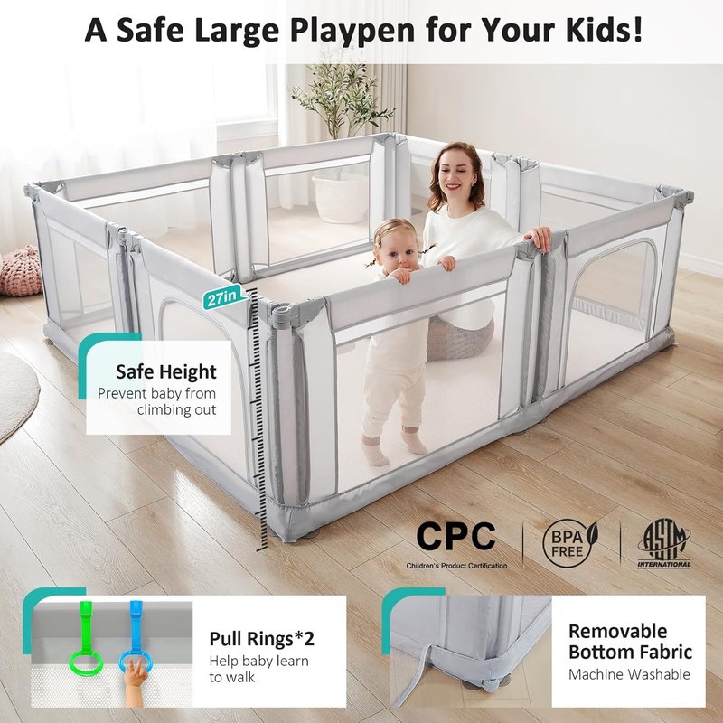 Doradotey Baby Playpen - Adjustable Large Playard for Babies & Toddlers | Foldable Indoor Play Center, Light Grey 180x200x68cm