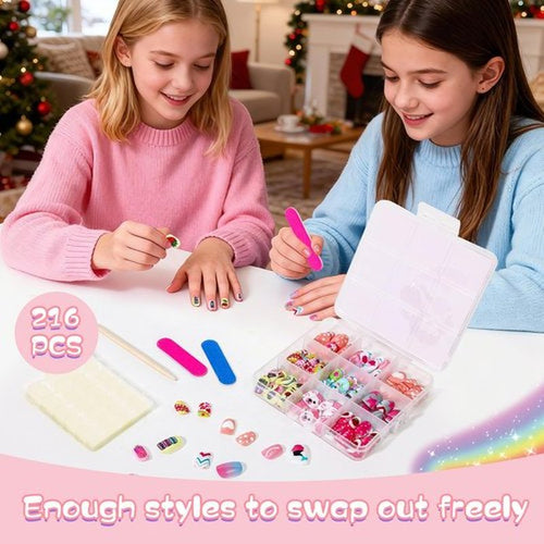 216Pcs Press on Nails for Girls 9 Styles 12 Sizes - Kids Fake Nails Kit for Ages 6-12, Short Acrylic Nails with Adhesive Tabs, Nail File Set for Girls Teens