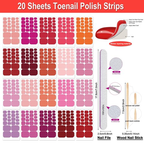 DANNEASY 20 Sheets Toe Nail Stickers Full Nail Wraps for Women ToeNails Polish Strips - Red Pink Self Adhesive Toenail Polish Sticker Stick on Nails Gel Strips Nails Art Accessories