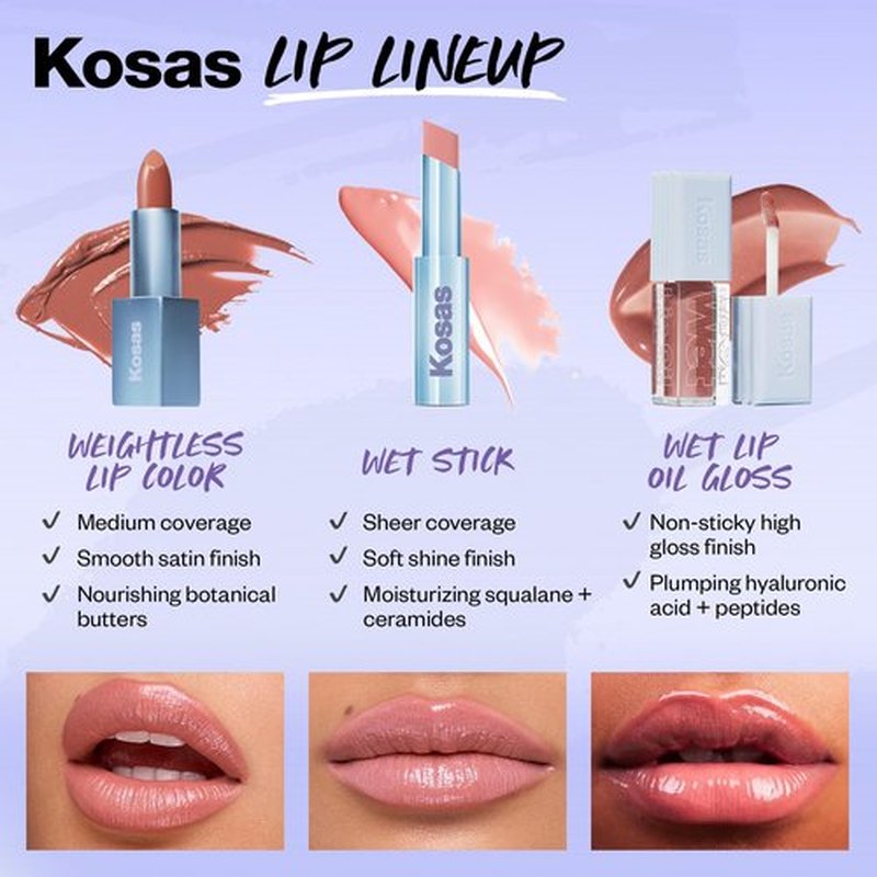 Kosas Wet Stick Moisturizing Shiny Sheer Lipstick with Ceramides, Hyaluronic acid, Peptides and Mango Butter - Soothes, Softens, and Moisturizes Lips – Malibu