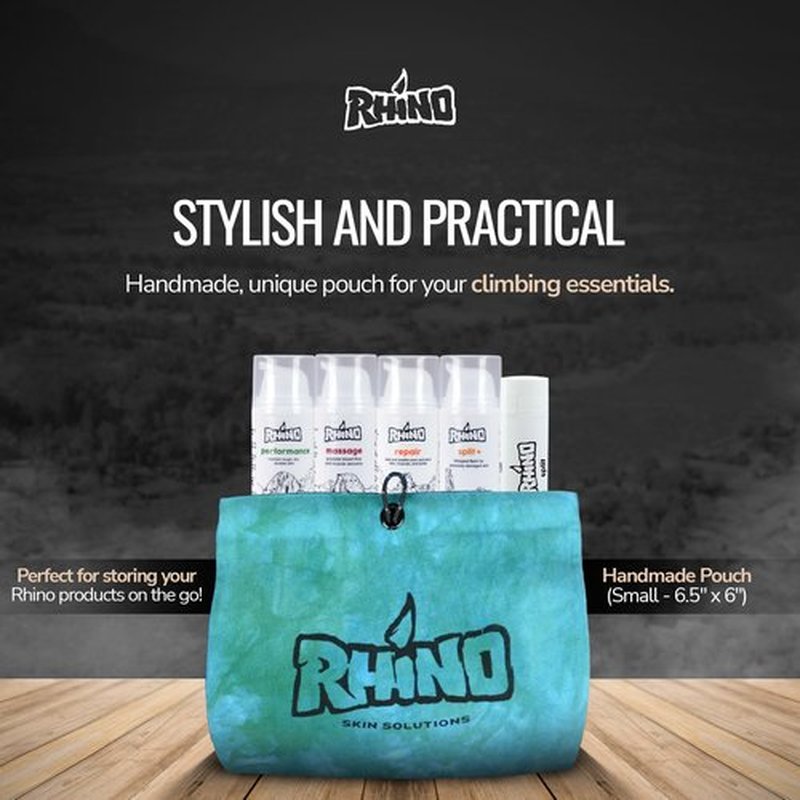 Rhino Skin Starter Kit Bundle - Climbing Skincare 5-Piece Set with Hand Cream, Lotion, Conditioner, Antiperspirant, and Balm | For Dry and Cracked Hands | Travel Size Hand Creams with Handmade Pouch