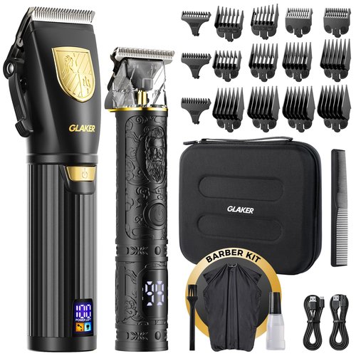 GLAKER Hair Clippers for Men,Professional Mens Hair Clippers Cordless Clippers for Hair Cutting,Precision Trimmer Kit Zero Gap Trimmer with LED Display 15 Guide Combs (Black+Gold)