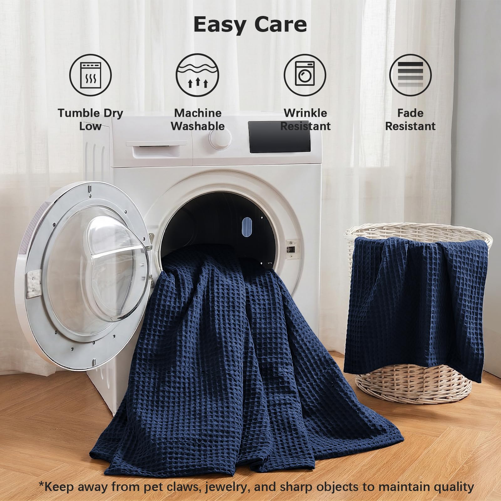 Easthome Waffle Weave Cotton Duvet Cover King Size - 100% Cotton Duvet Cover Set for All Season, Textured PureWoven Breathable Bedding Sets 3 Pcs with 2 Pillow Shams, Zipper, 4 Conner Ties,Navy Blue
