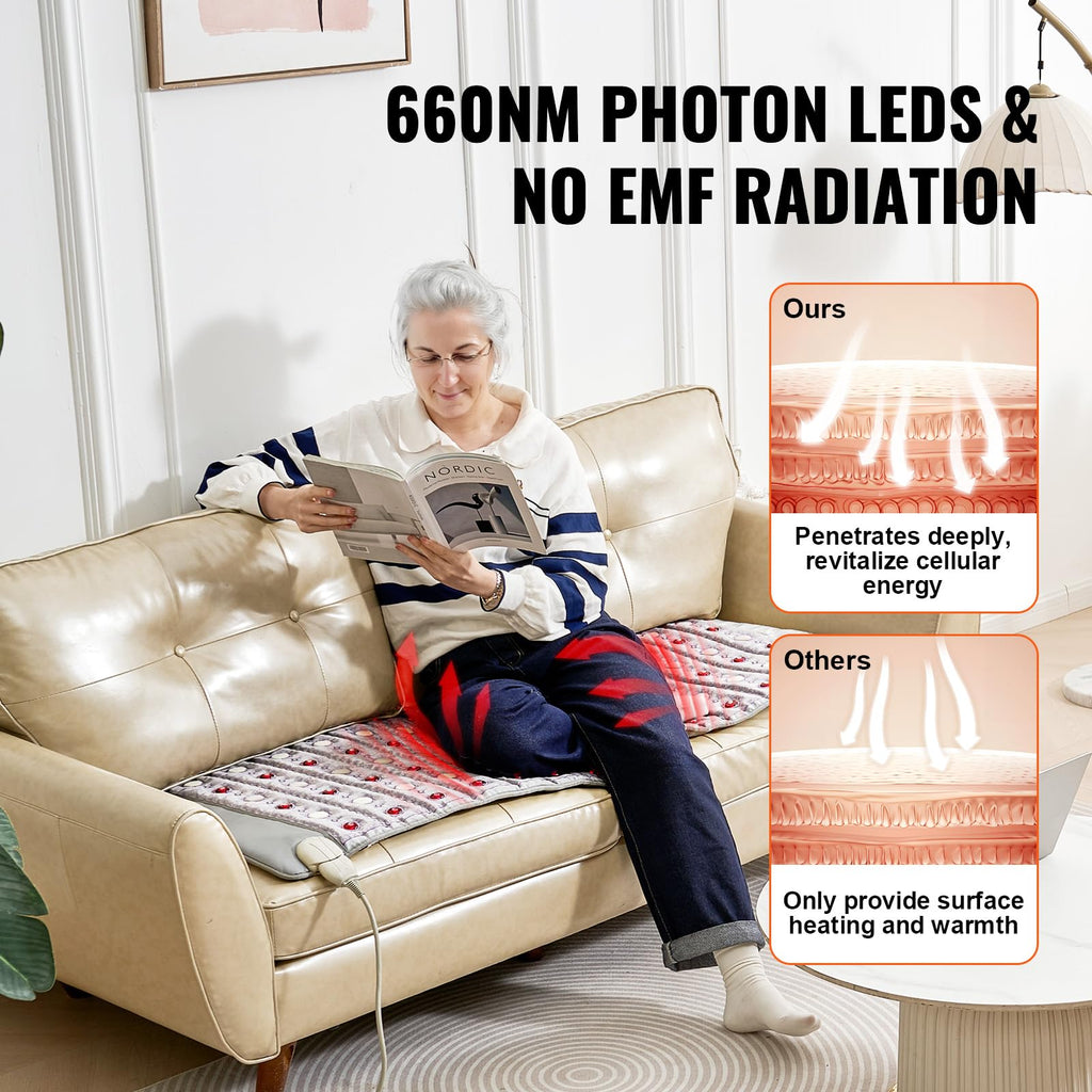 VEVOR Far Infrared Heating Pad, Jade & Tourmaline Stones Heating Pad with 660nm Photon Light & Negative Ions, 103-159℉ Hot Gemstone Therapy Mat with 0-12 Hours Timer for Back Waist Shoulder (60"x24")